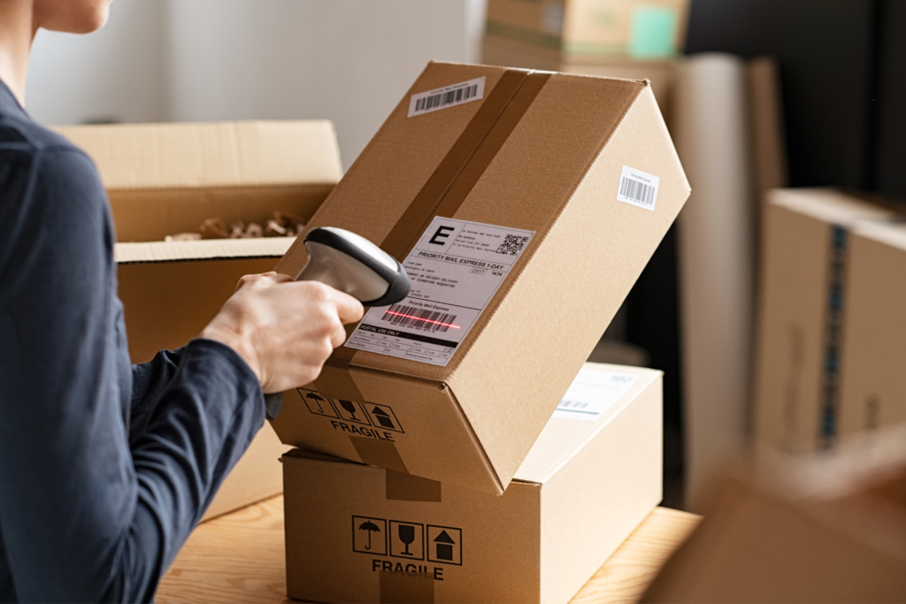 A person scanning a barcode on a package. 