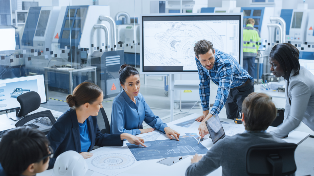 A group of business people looking at a new project's schematics. 