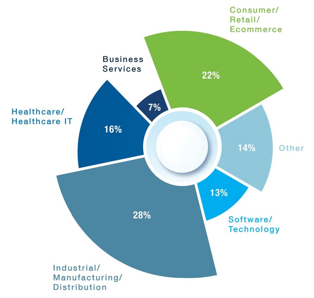 Breakdown of the industries where DHR recruits leaders